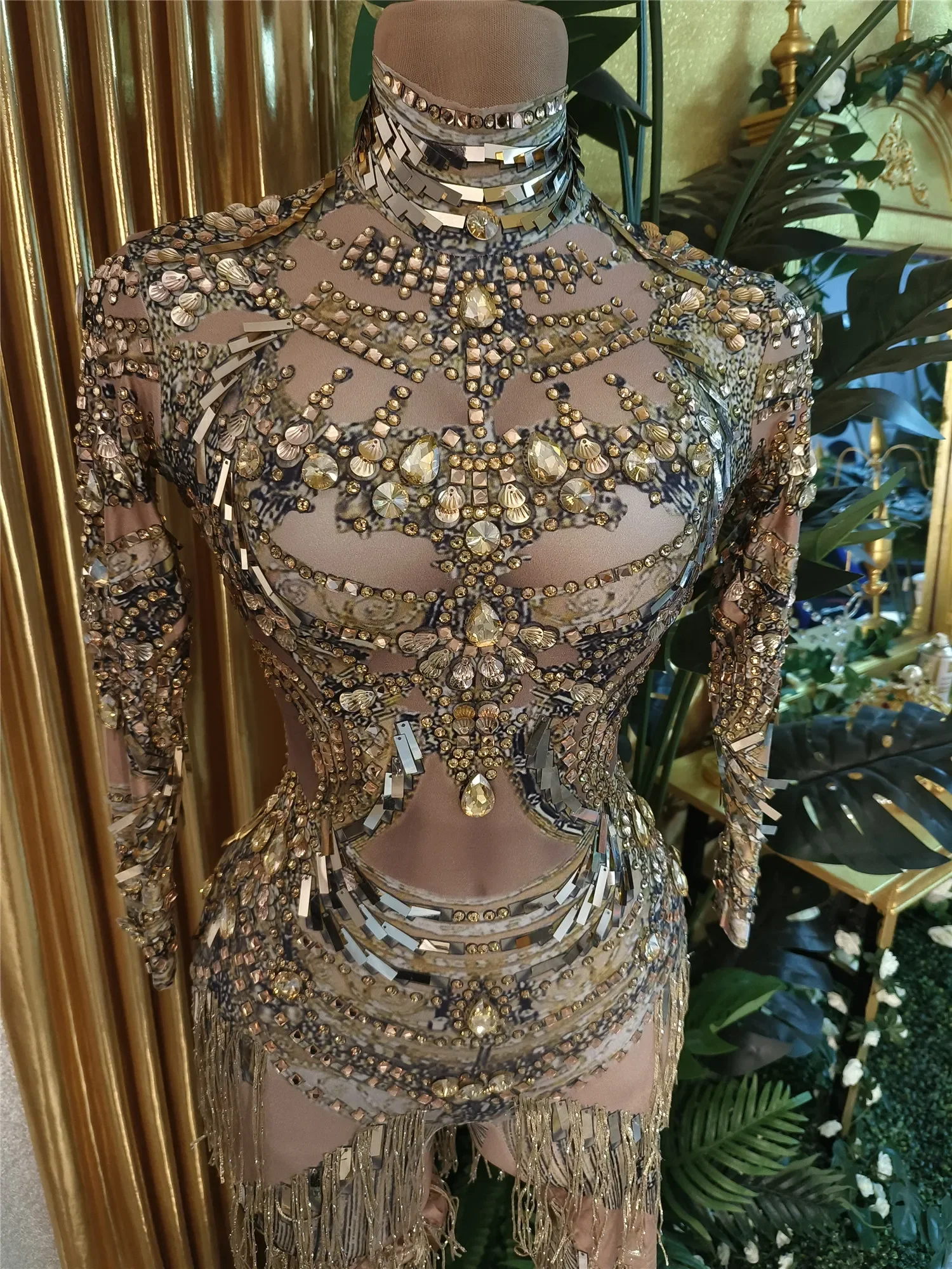 Club Outfit Sexy Tassel Bodysuit Sparkly Gold Crystals Fringes Leotard Women Rhinestones Performance Dance Costume Stage Wear