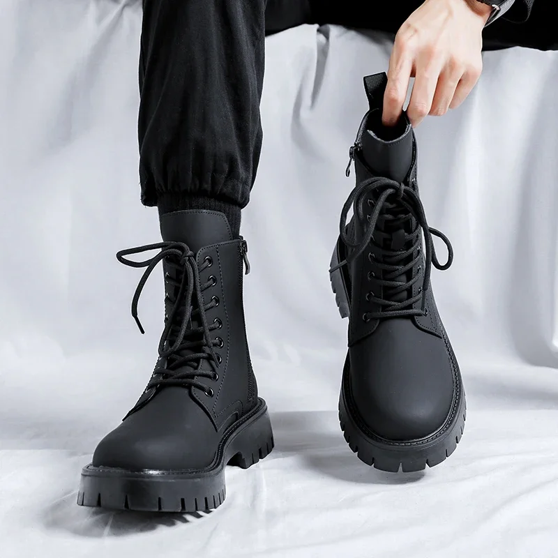 

Men Boots Black Sneakers Outdoor Fashion High Top Wholesale Punk Shoes for Men Casual Leather Street Style Ankle Boots Men