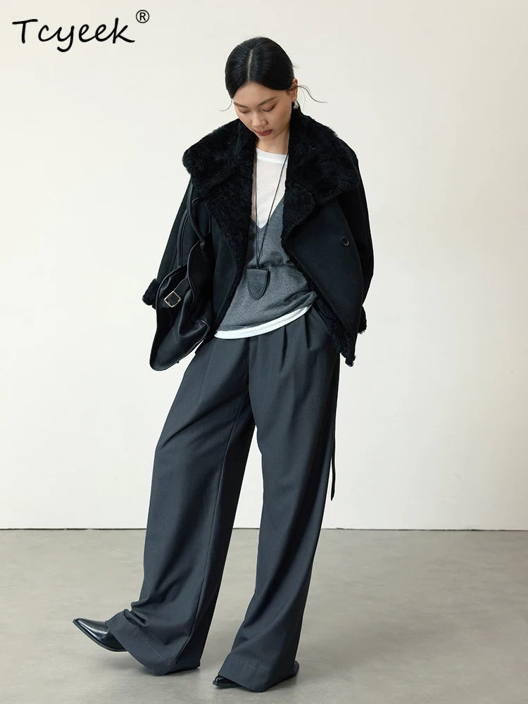 Tcyeek 本物のウール 秋冬 ハイエンド トレンド 韓国風 スタンドカラー ブラック レディース ウール シアリング ファーコート ファー婦人服