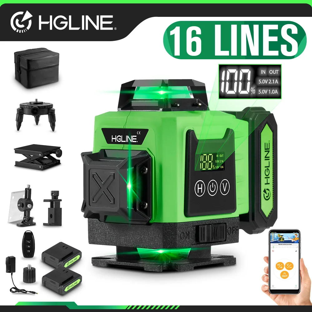 

HGLINE Professional 4D 16 Lines Laser Level APP Remote Control 360° Horizontal Vertical Cross Laser Level With Power DIsplay