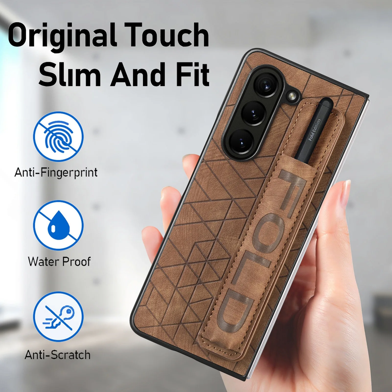 

Leather Phone Case for Samsung Galaxy Z Fold 7 6 5 4 3 Fold6 Fold4 Elastic Retractable Wrist Strap Cover with Pen Holder Lwd