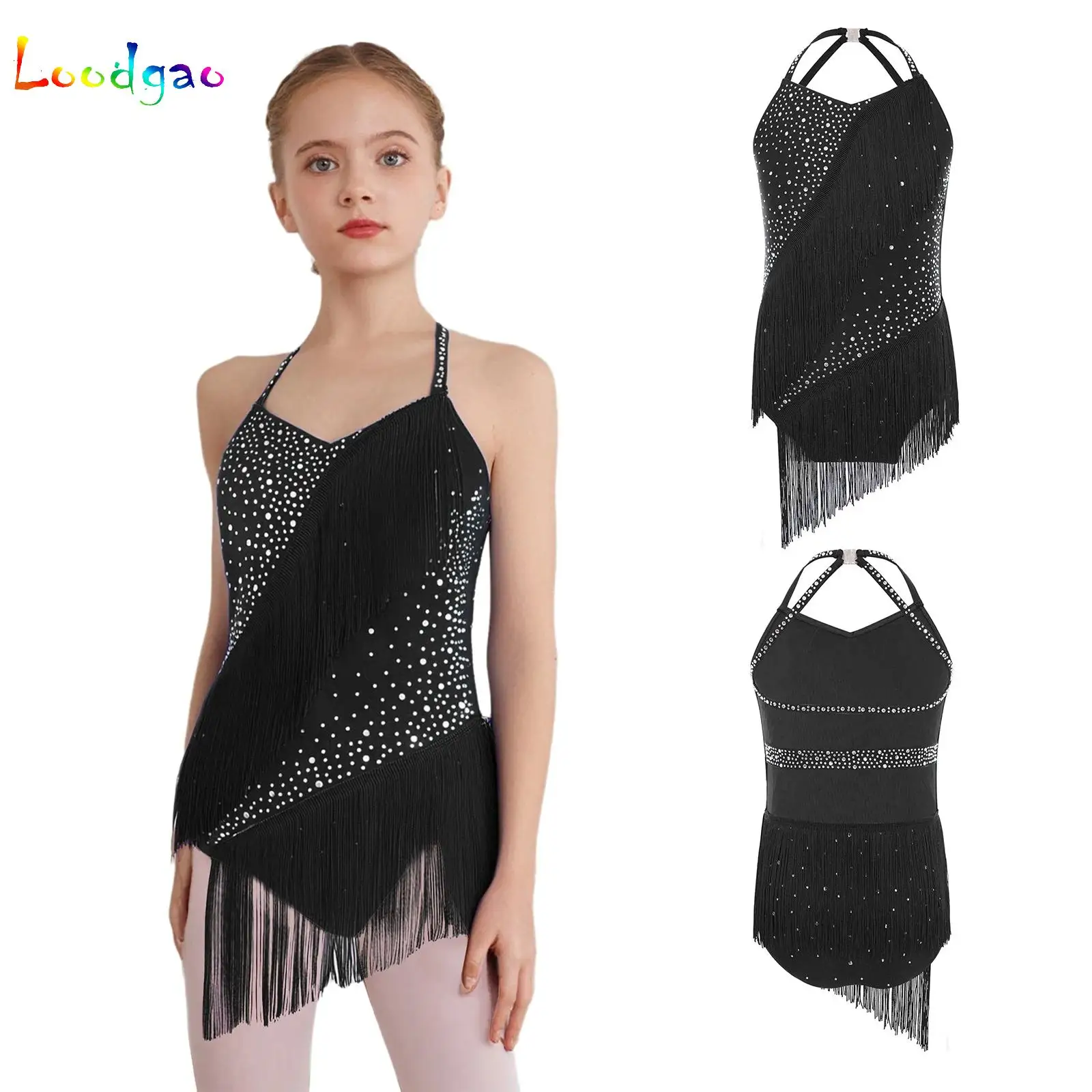 

Teen Girls Fringed Latin Dance Leotard Glittery Rhinestones Sleeveless Tassel Bodysuit for Figure Skating Tango Samba Latin Jazz