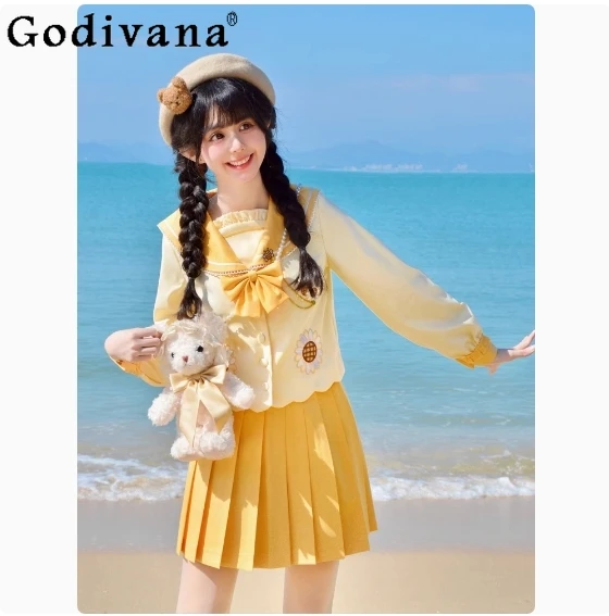 

College Style JK Uniform Suit Japanese Sweet Cute Student Kawaii Long-sleeved Sailor Suit Top Skirt Two-piece Set Spring Autumn