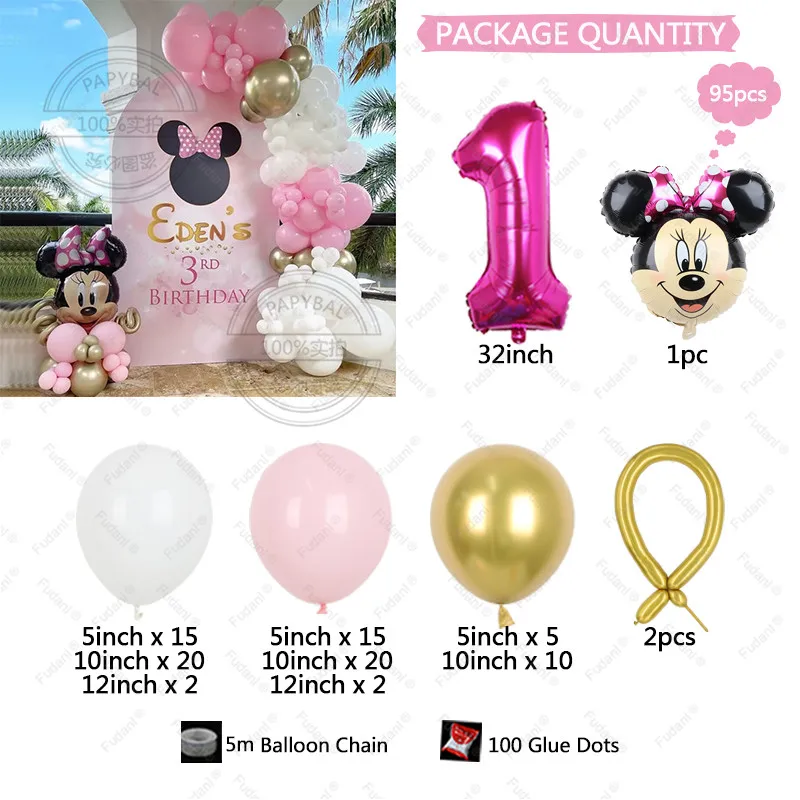 95pcs Disney Mickey Mouse Minnie Head foil Balloon Pink Gold latex globos Wreath Arch Kit Girl kid birthday party decor supplies