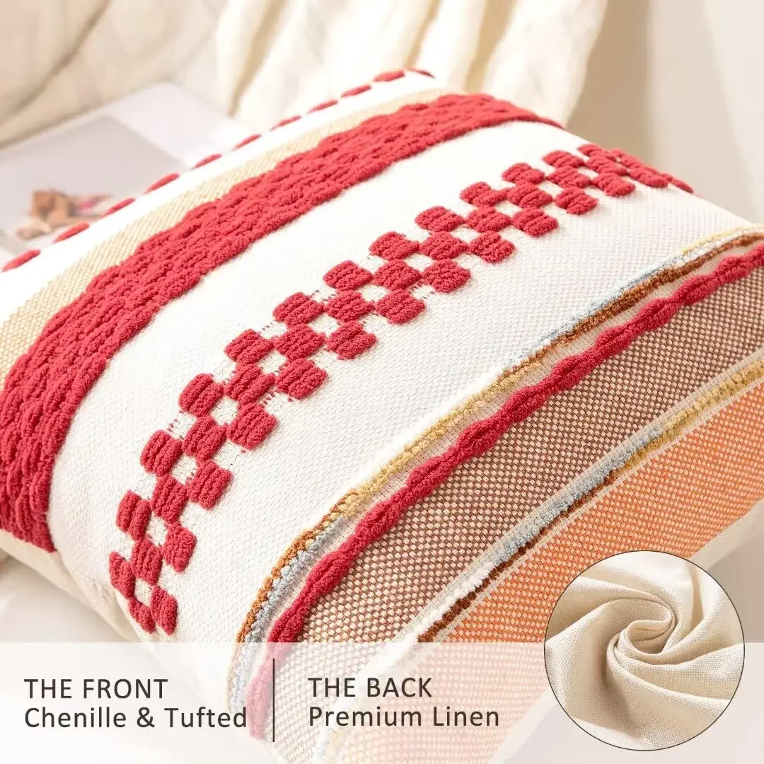 Set of 2 Boho Throw Pillow Covers Cushion Case Striped Square Pillow Cover Chenille Pillow Cover Pillowcase for Couch 18x18 Inch