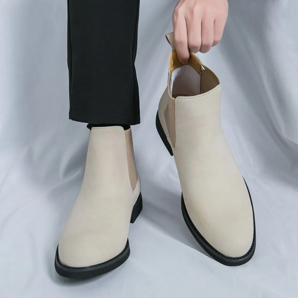 Men Beige SuedeChelseaAnkleBootsElasticSidePanelSlipOnLow Flat Heel Vintage Casual Business Daily Outdoor Fashion Dress Footwear