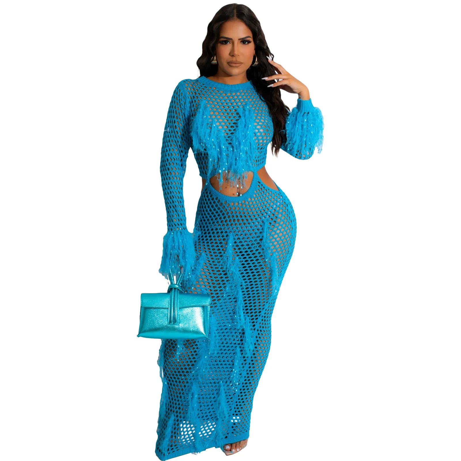 Imagem -03 - Vestido Feminino de Malha Oco com Borla para Praia Roupa de Banho de Verão Saídas de Banho Biquíni Poliéster Elastano Monocromático 2023