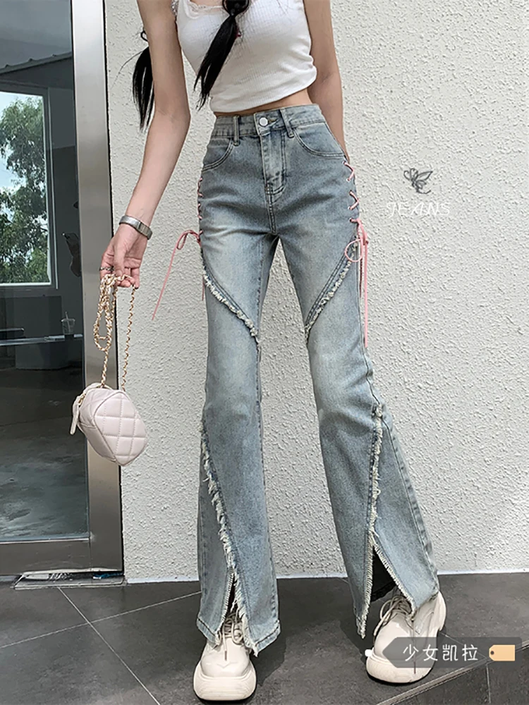 

Denim Vintage Sweet Pants Women Slim Lace-up Korean Casual Flare Pants Female Japanese France Elegant Open Fork Jeans New