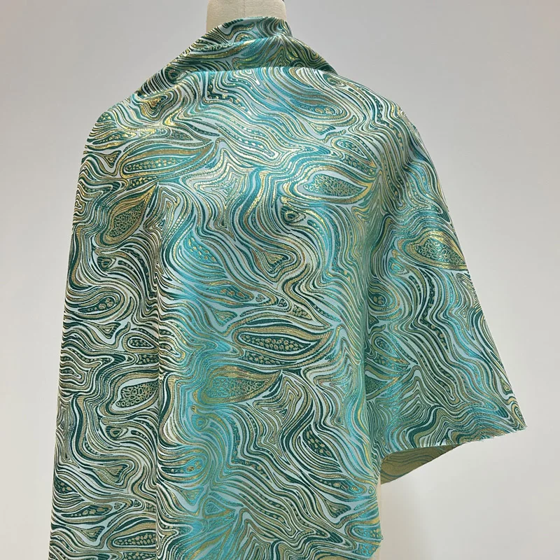 

Pre-cut Metallic Geometric Embossed Brocade, Teal Gold Water Ripple Texture Jacquard Fabric for Fashion Upholstery DIY Projects