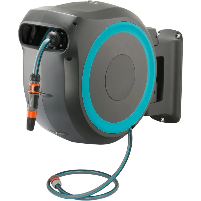 

115' ft. Wall Mounted Retractable Hose Reel, Black and Turquoise