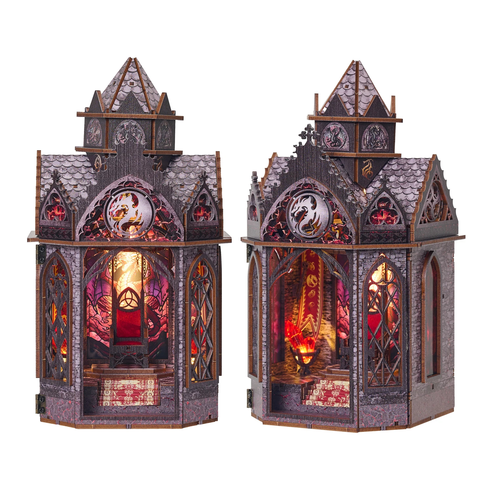 DIY-Buchecke aus Holz, Miniatur-Modellbausätze, Spire of The Wyrm, Buchstütze, 3D-Puzzle mit LED-Licht für Freunde, Geburtstagsgeschenke
