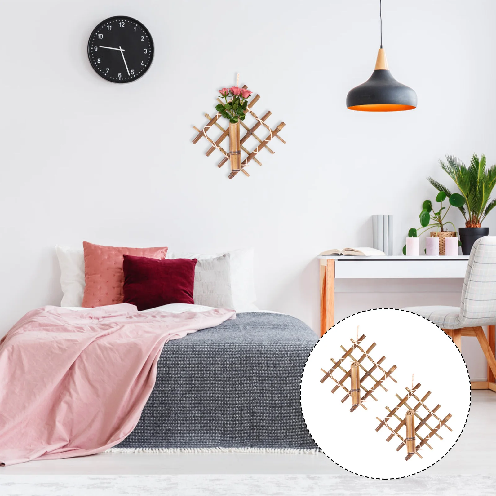 

2pcs Bamboo-Woven Hanging Decor Handmade Wall Adornment For Indoor Outdoor Use Vintage Flower Holder Retro Household Ornament