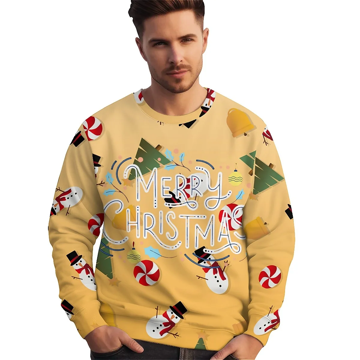 LIASOSO Christmas Sweatshirt Retro Modern Color Block Style 3D Print Long Sleeve Crew Neck Ideal for Holiday Parties