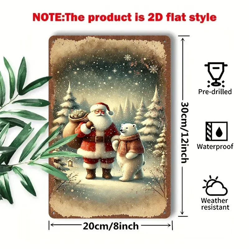2D Flat, 1pc 2D [Flat] Metal Sign, Santa Claus and Polar Bear Strolling on a Snowy Night, Vintage Tin Painting Style, 8x12 Inche