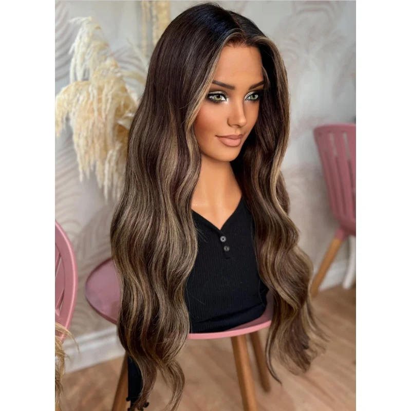 

28 дюймов 13*4 прозрачный HD парик с кружевным верхом, шоколадная волна, коричневый синтетический парик спереди для женщин, ежедневное использование