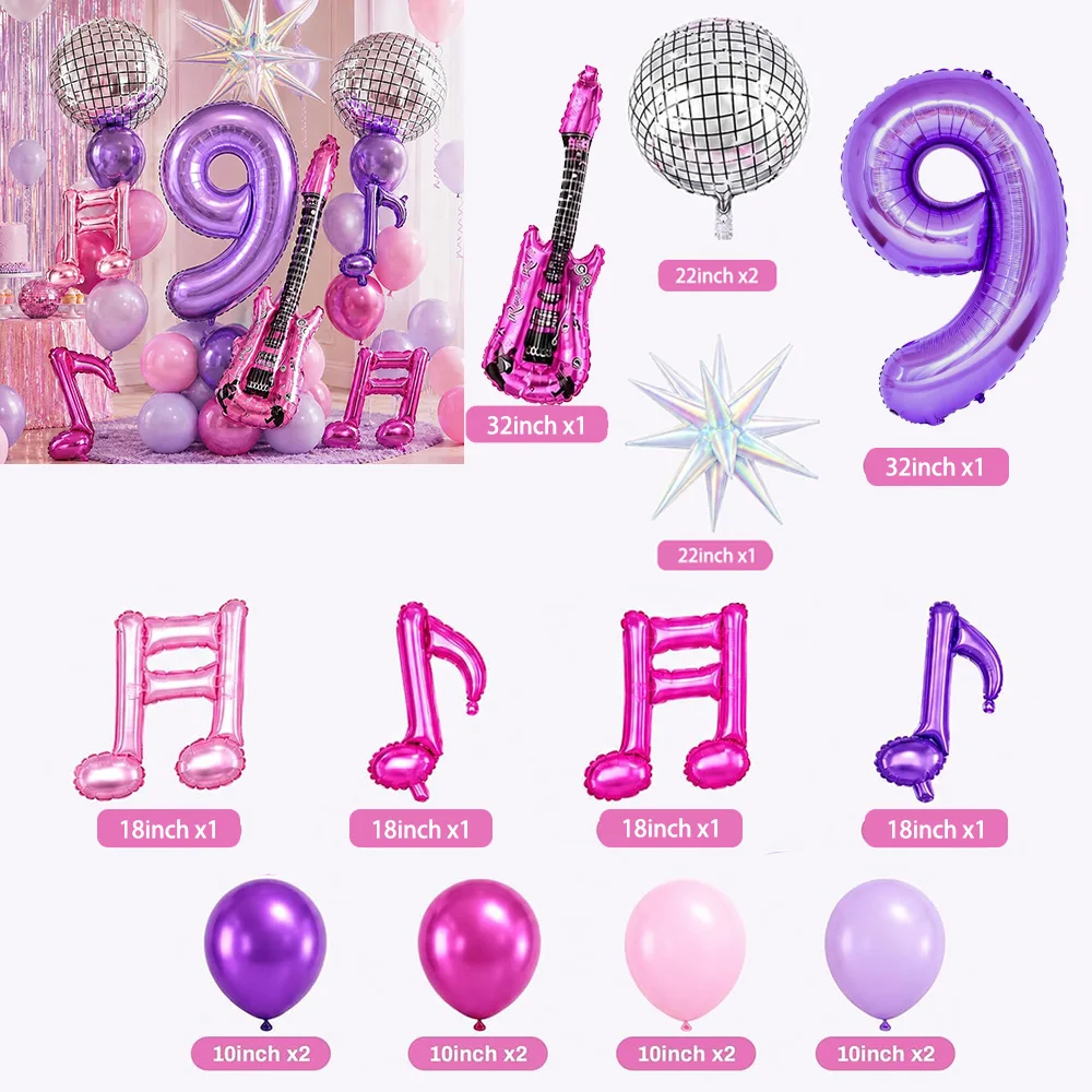 Kpop Geburtstagsdekorations-Ballon-Set, Discokugel, Gitarren- und Musiknoten-Ballons, Ornamente, Lila Geburtstagsparty-Zubehör, Partyartikel – Detail 13