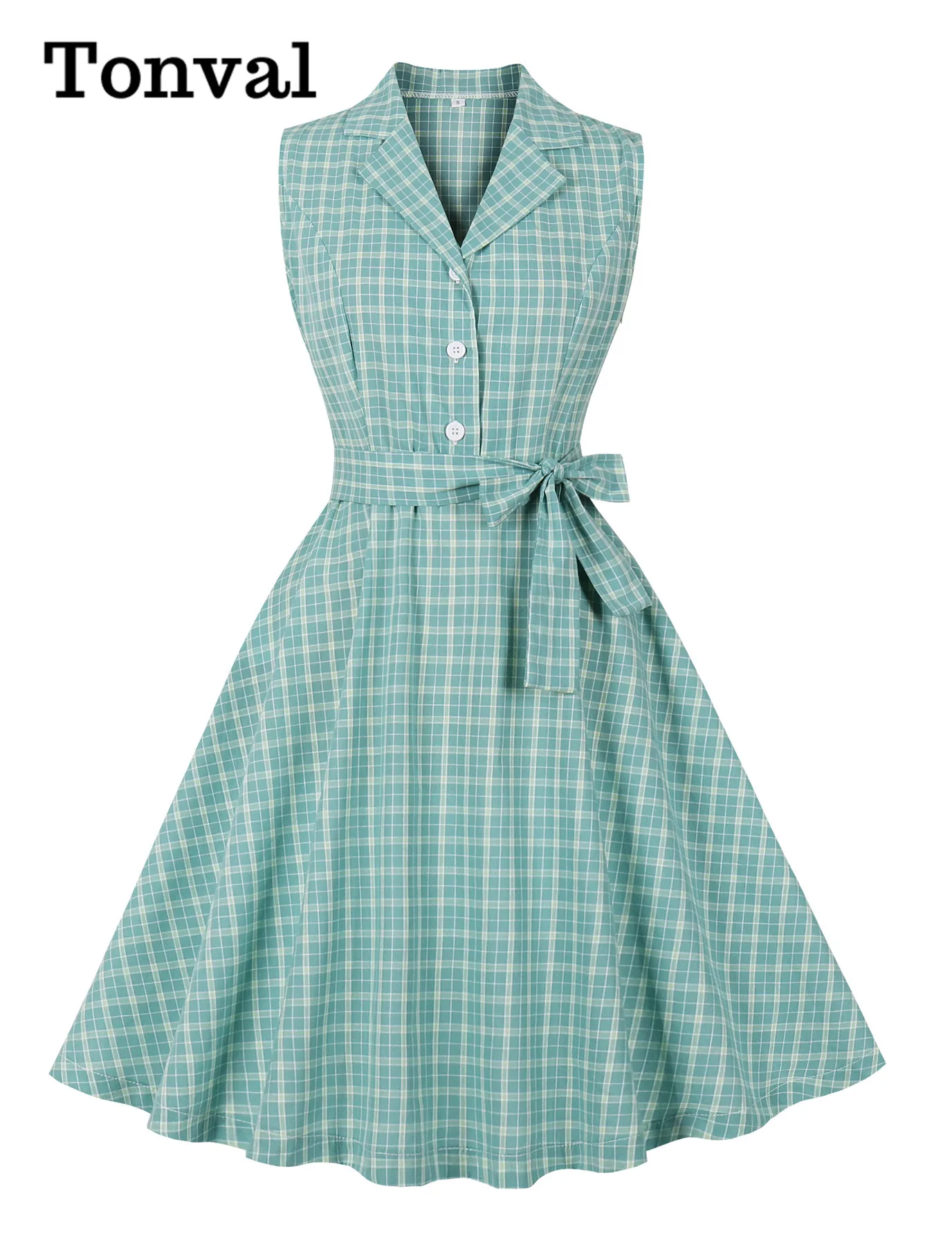 

Tonval Plaid Vintage Cotton Dresses for Women Notched Collar Button Up Sleeveless Summer A-Line 50s Rockabilly Dress