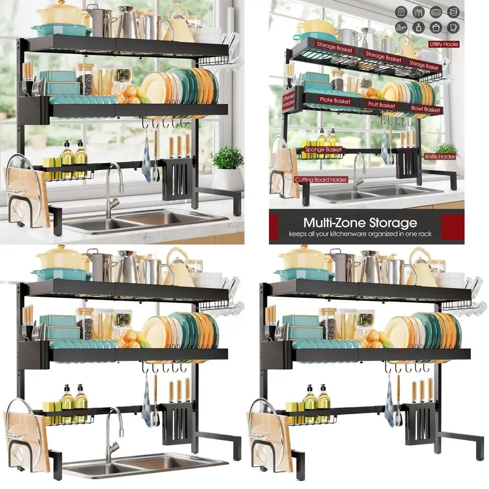 

Expandable 3-Tier Stainless Steel Sink Dish Drying Rack, Kitchen Storage Organizer, Space-Saving, Adjustable Length 31.5-39.5, B