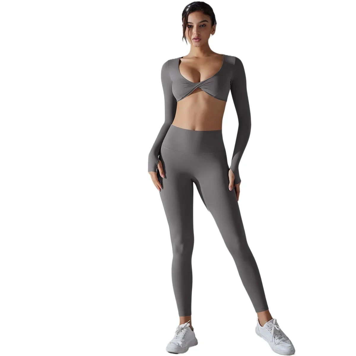 Yoga Sports Long-sleeve Crop Top Leggings Sets Fitness Suit Running Training Workout Two Piece Sets Womens Outifits Gym Wear