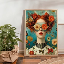 Contemporary Minimalist Painting of Girl Wearing Glasses and Flower Pattern Suitable for Living Room Decoration Painting