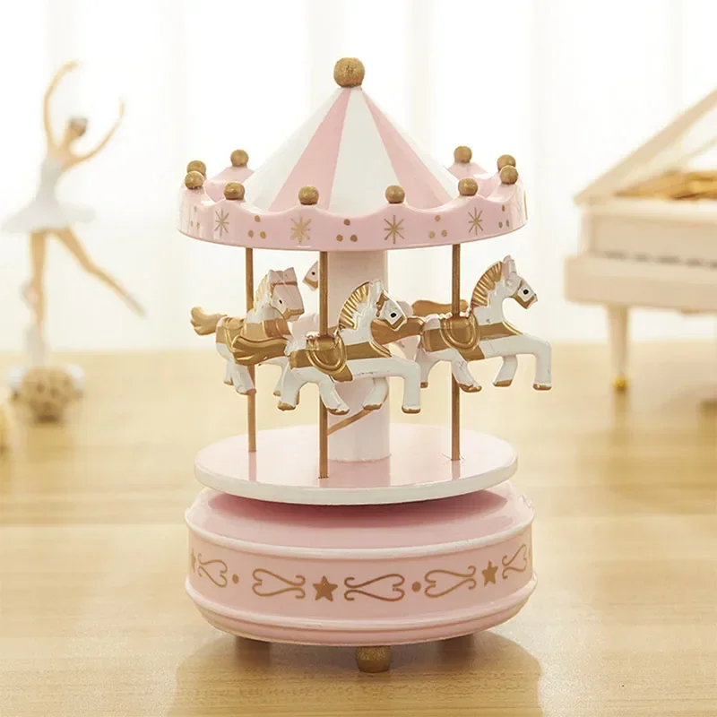 Blue Pink Wooden Carousel Music Box Valentines Day Gift Souvenir Wedding Birthday Gift For Kids Table Decorations Party Supplies