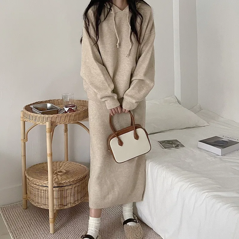 

Summer Women's Hooded Solid Color Clothing Korean Style Slimming Medium-Length Sweater Dress Keep Slimming Knit Dress CQ362