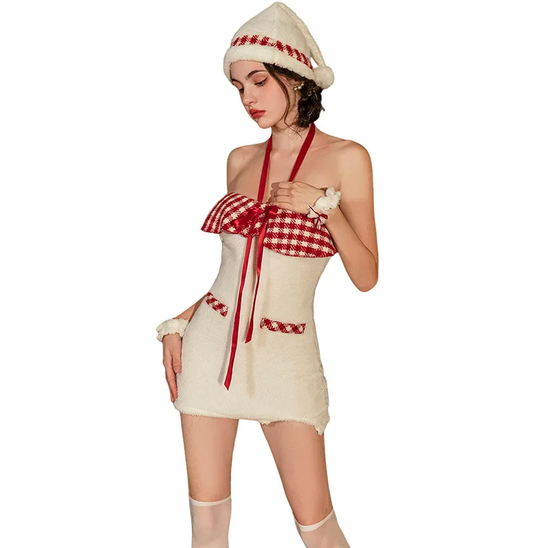 

New Design Women's Sexy Halter Christmas Party Sweet Dress Adult Lady Cute White Velvet Nightgown Xmas Cosplay Costumes