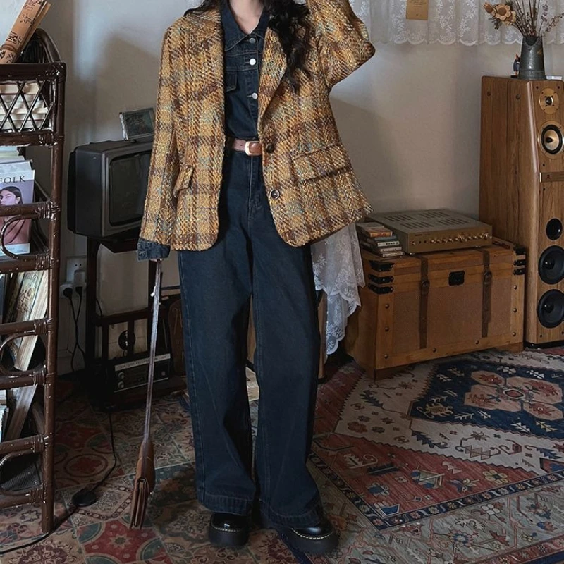 

Retro Loose Suit Women's 2023 Autumn/winter Lazy Plaid Jacket High-end