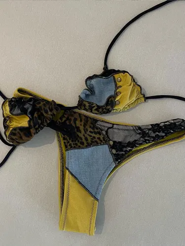 Imagen 1 del producto 2025 Traje de baño para mujer Conjunto de bikini con estampado de leopardo en negrita y patchwork amarillo Perfecto para ropa de playa y fiestas en la piscina Escapazas de verano