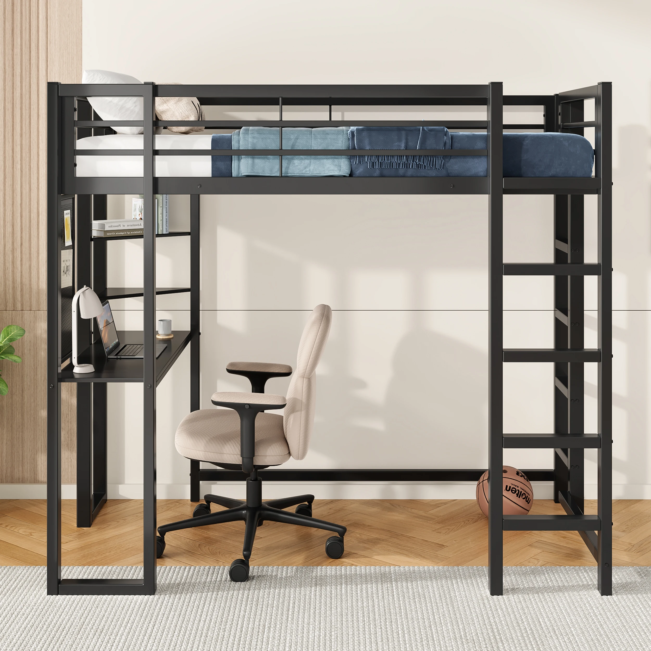 Loft Bed with Desk, Metal Loft Bed Twin Size, Loft Bed Frame with Desk and Storage Compatible with Boys Girls Teens, Black Bedro