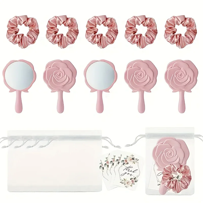 

The 20pcs princess-themed wedding gift set includes 5 rose makeup mirrors, 5 gauze bags, 5 thank-you cards and 5 hair bands