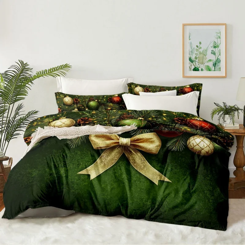 Christmas King Bed Quilt Cover Green Farmhouse Holiday Decoration 3-Piece Set (2 Pillowcases, No Quilt Cover)