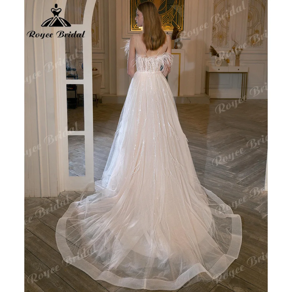 Ostrich Feathers Wedding Dress Corset Back Beaded Sequins Tulle With Chapel Train Luxury Wedding Party Dresses Customized