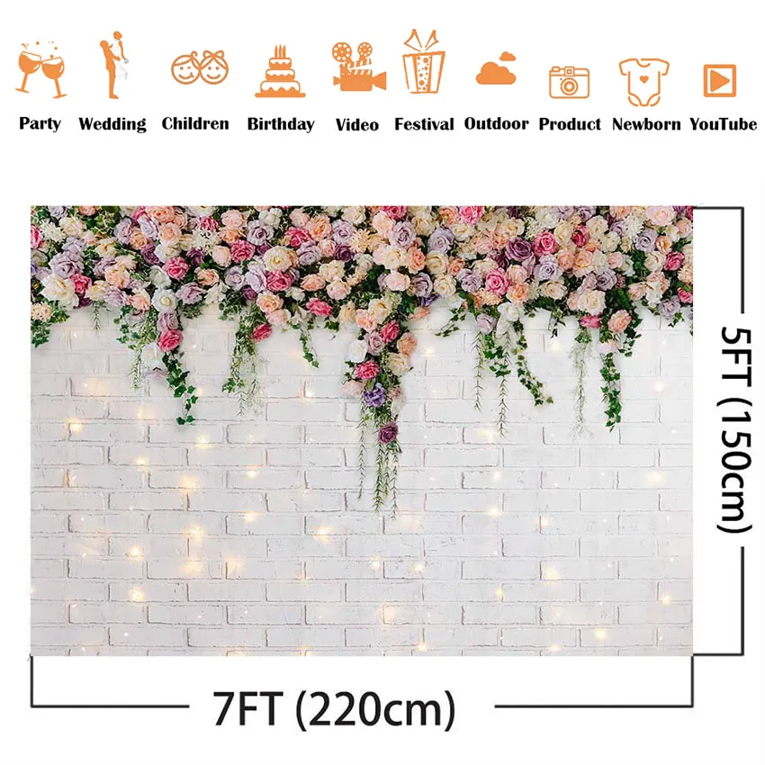 Floral Brick Wall Backdrop Flowers Rose Warm White Wedding Photography Background Bridal Shower Photocall Boda Photo Studio