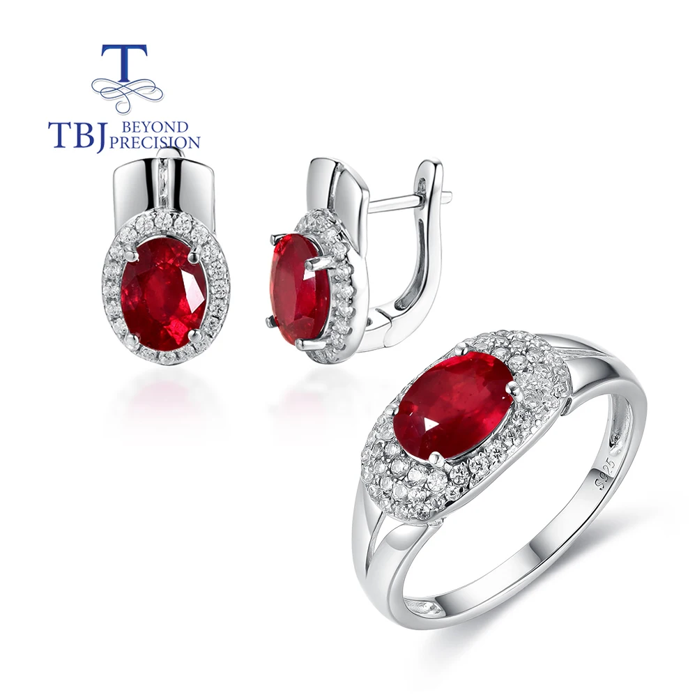 

Natural Filling Ruby Women Ring Earrings Jewelry Set Fashion design 925 sterling Silver fine jewelry