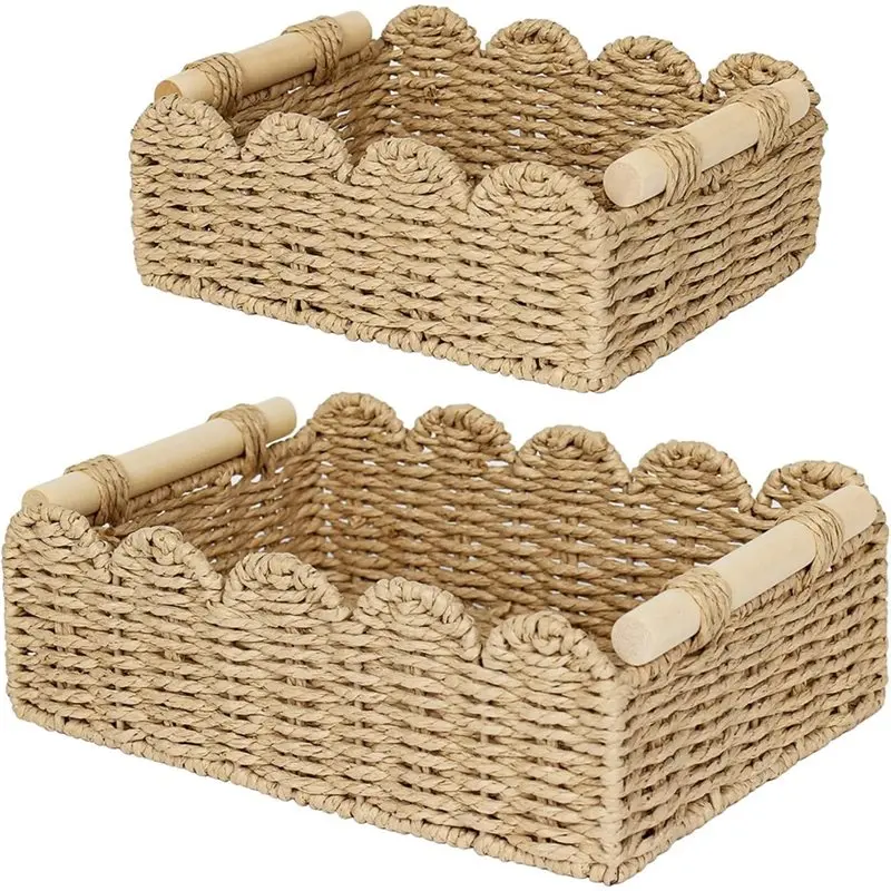 

AT63-для гостиной, ванной комнаты, корзина для хранения туалетной бумаги, бумажная веревка, зубчатые декоративные корзины с деревянными ручками