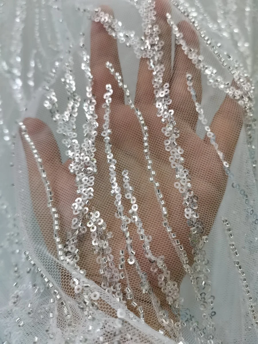 1yard 130cm wide Silvery Glass Beading Sequin Tulle Mesh Lace Fabric Shiny Bride Wedding Dress Gown Sewing Accessory