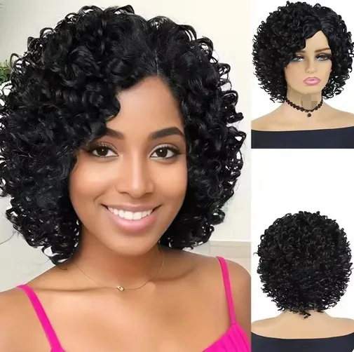 Kurze Afro-Perücke, verworren, lockig, synthetische Ombre-Braun-Blondine-Perücken für Frauen, Seitenteil, Bob-Perücken, hitzebeständiges Naturhaar