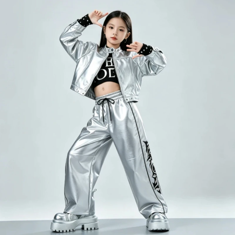 Children's Hip Hop Street Dance Costume Stage Jazz Dance Performance T-Stage Model Walk Show Bright Color Leather Costume Set