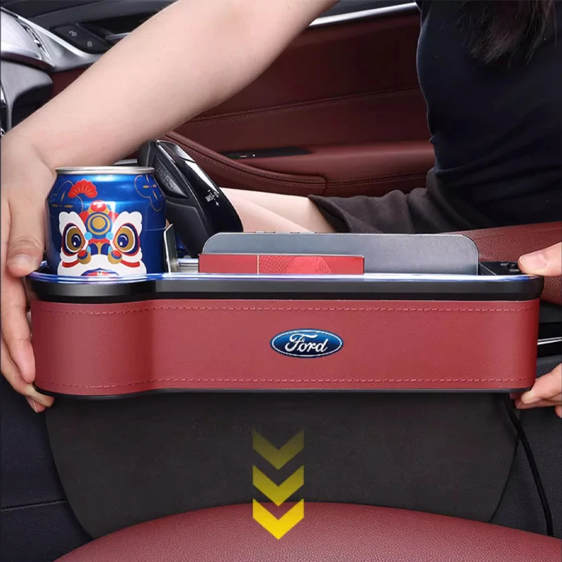 Car Seat Storage Box With Ambient Light And Cup Holder For Ford Ranger Focus Kuga Mustang S-MAX Transit Mondeo Fusion Fiest Edge