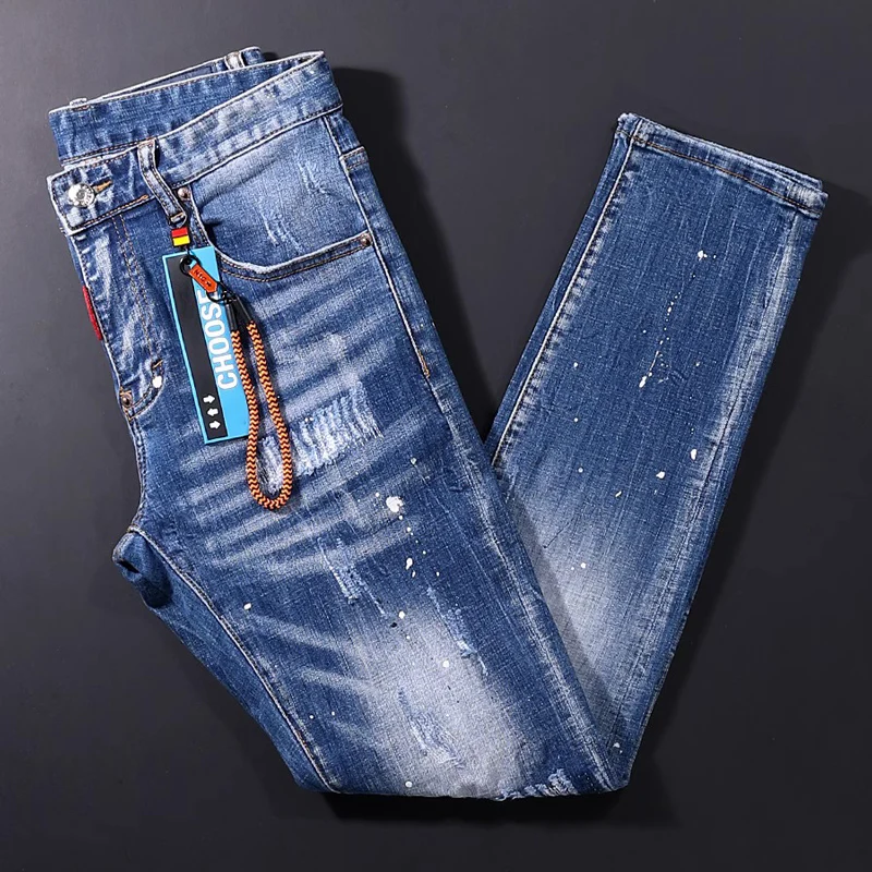 

Street Fashion Men Jeans Retro Washed Blue Elastic Stretch Slim Fit Ripped Jeans Men Vintage Designer Denim Pencil Pants Hombre