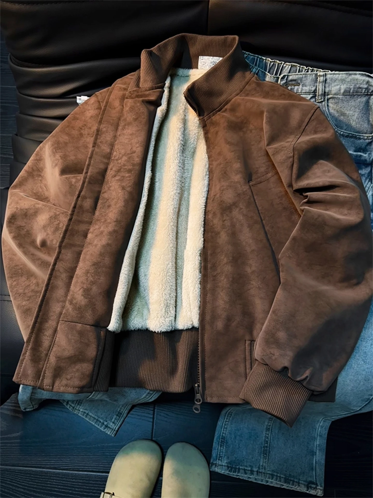 

Retro American Brown PU Leather Flight Jaet Cotton Padded Thiened Stand Collar Baseball Sle Coat for Men Winter Warm