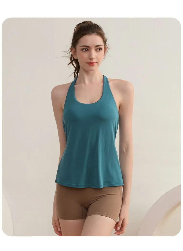 Täuschend echtes zweiteiliges Fitness-Top mit Brustpolster, Sport-Top, Lauf-Cross-Top, stoßdämpfend, Schönheitsrücken, Yoga-Anzug, ärmelloses T-Shirt – Detail 7