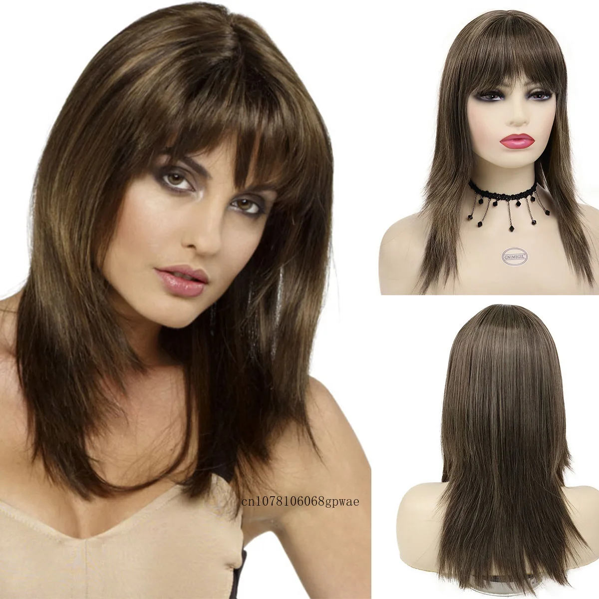 Classic Brown Straight Hairstyle Synthetic Wigs for Women Long Fancy Dress Party Daily Casual Wig with Bangs Adjustable Cap Size