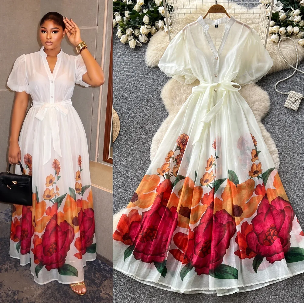 Langes Kleid für Damen, A-Linie, Y2K Streetwear, V-Ausschnitt, Puffärmel, elegante, taillierte Passform, Blumenmuster, Party- und Business-Kleid 2026