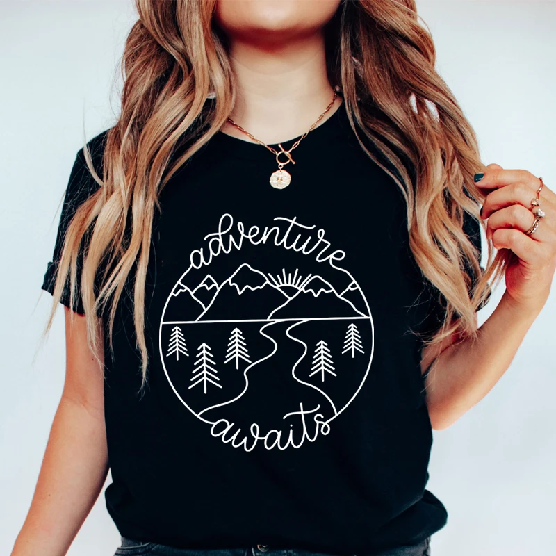 Adventure Awaits Outdoor Graphic T Shirts Women Mountain Nature Lover Gift Crew Neck Short Sleeve T-shirt Adventure Classic Tops