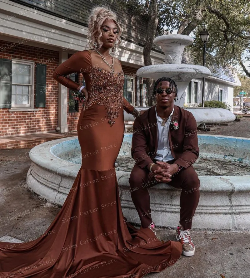 Square Neck Long Sleeve Mermaid Dress Brown Smooth Satin Evening Dresses Custom Made Women Clothing Ever Pretty Gowns Plus Size
