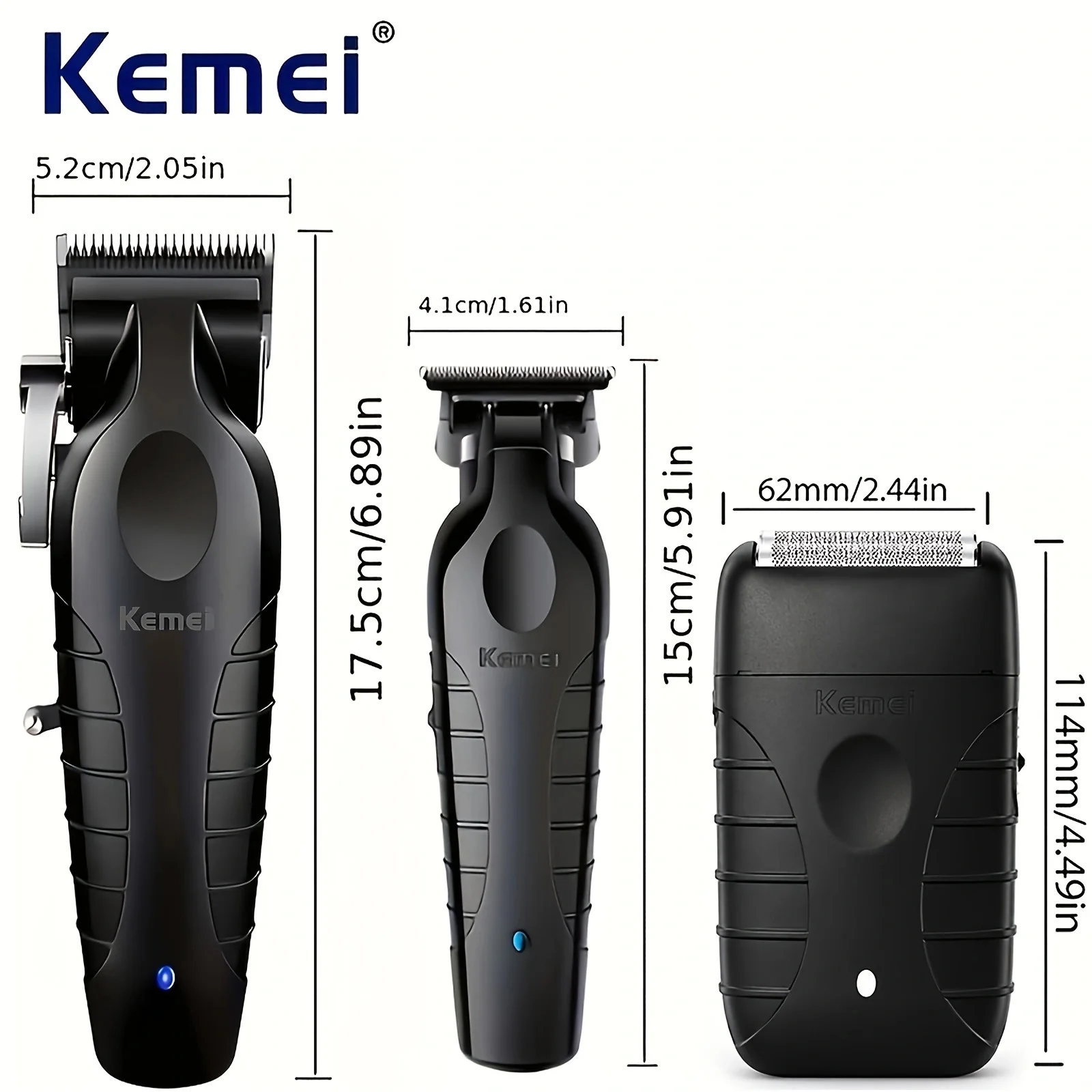 Kemei KM-2296+KM-2299+KM-T95 3-in-1 Men Barber Styling Pack, USB Wireless Recharge Hair Cutter, Zero-Gap T Trimmer & Foil Shaver, Adjustable Cutting Guards for Home & Barbershop Hairstyle Making