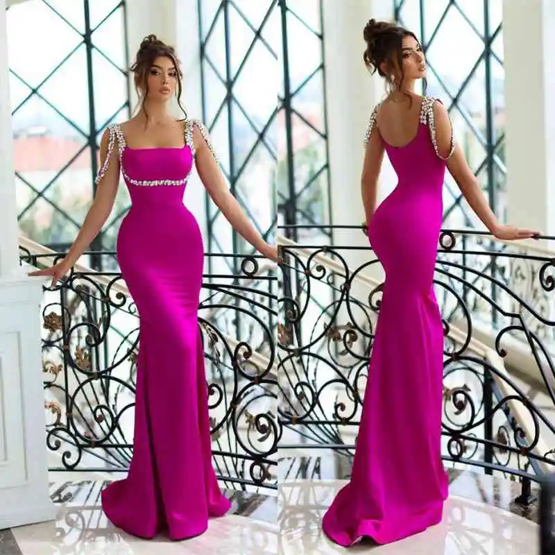 

Fuchsia Evening Dresses Satin Mermaid Spaghetti Strap Rhinestone Long Graduation Formal Party Prom Gowns Elegant Custom made