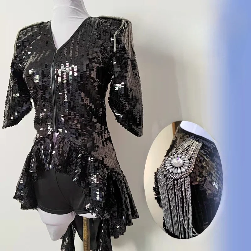 Kpop Girl Group Sexy Women Black Sequins Jackets Outfit Female Singer Stage Costume Jazz Clothing Slim Shorts Nightclub Dj Wear